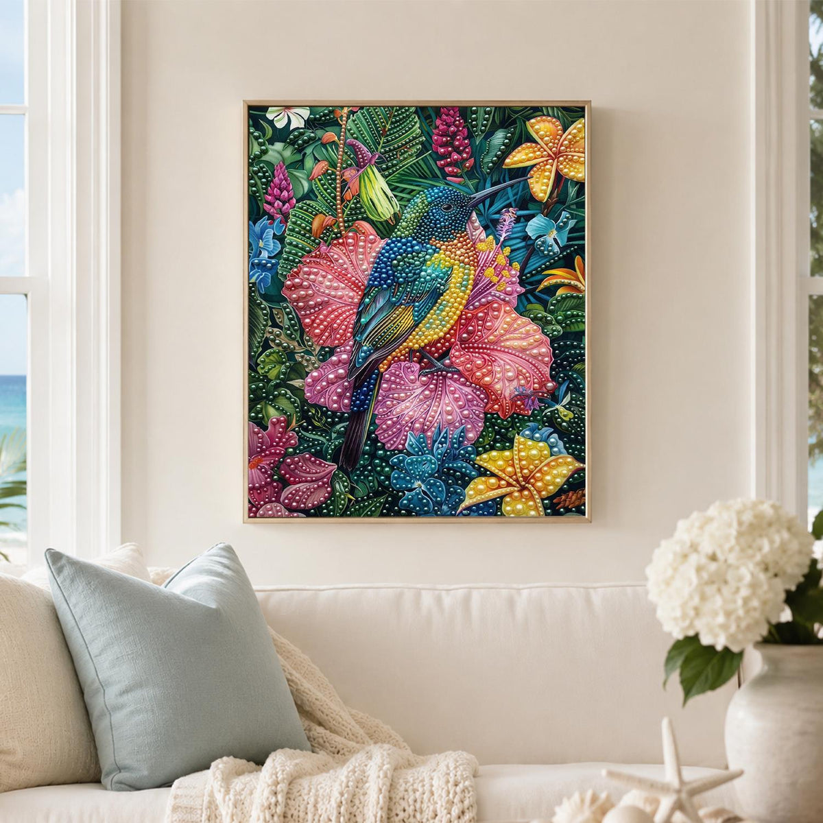 Rainforest Hummingbird and Lilies pearl painting – image 3