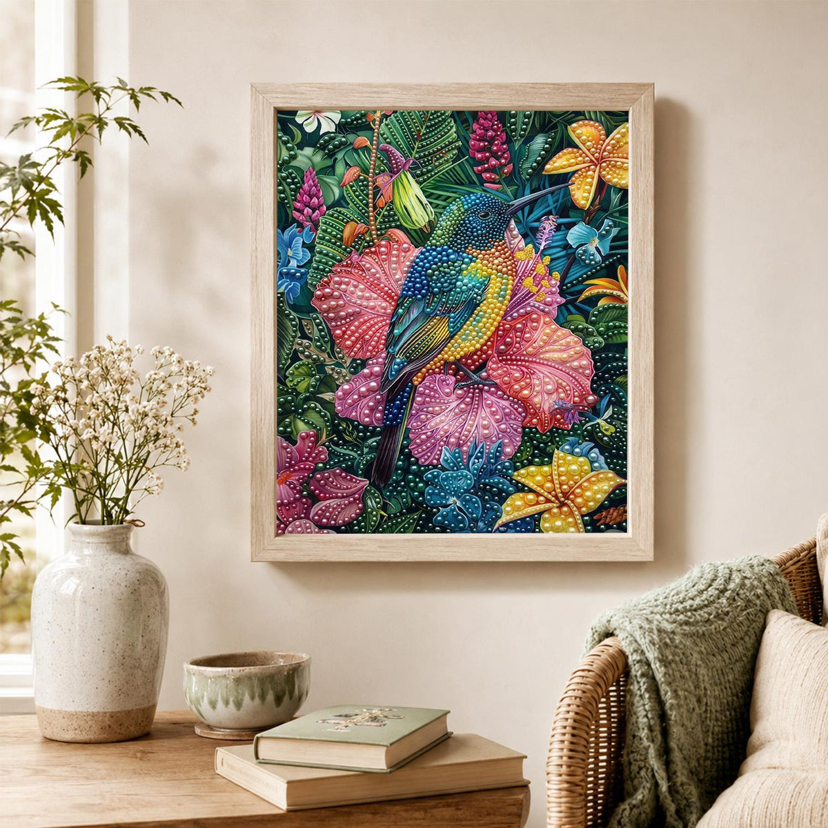 Rainforest Hummingbird and Lilies pearl painting – image 4