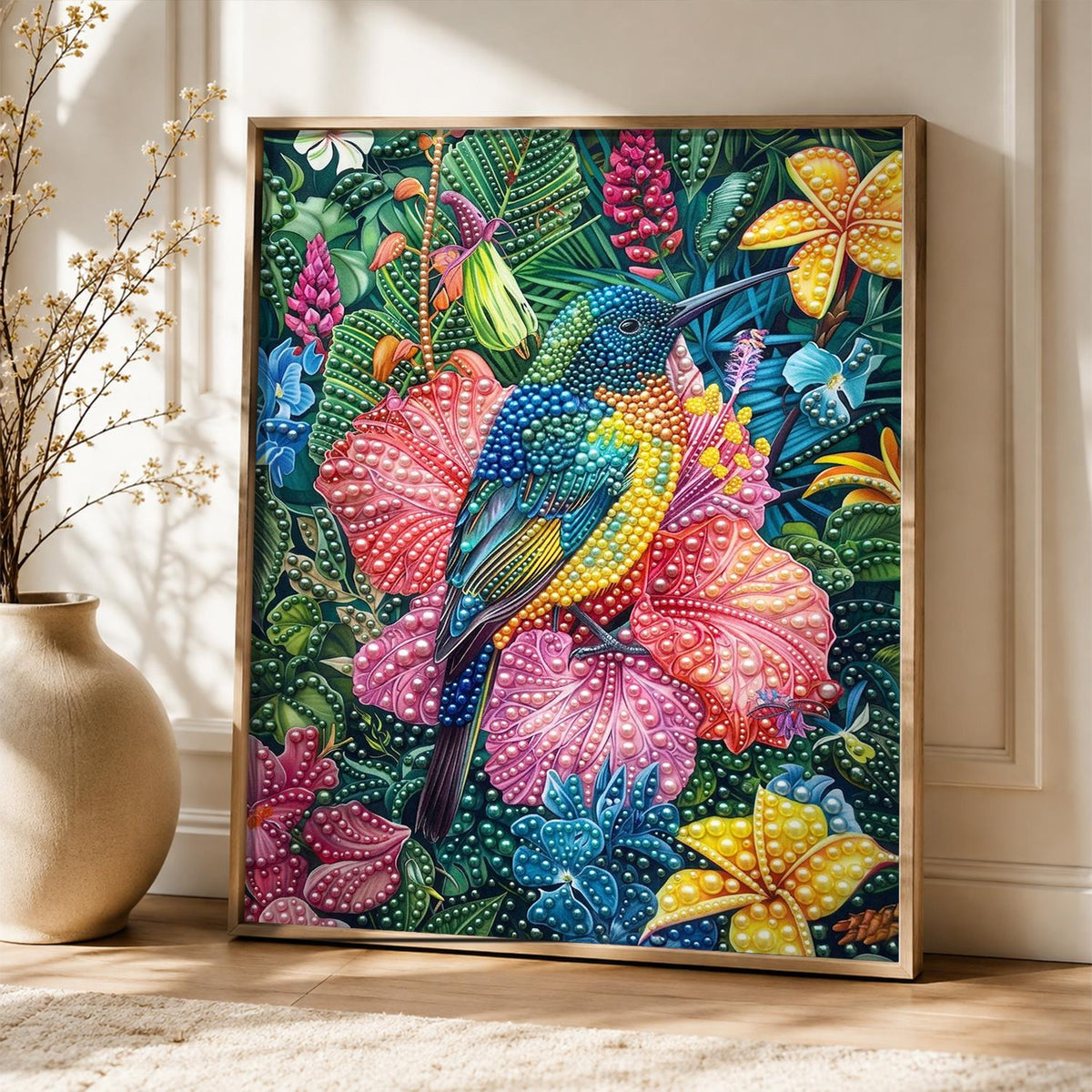 Rainforest Hummingbird and Lilies pearl painting – image 5