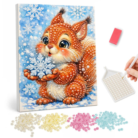 Squirrel Holding a Snowflake pearl painting – Fluffy big-eyed red squirrel holding a large snowflake against a blue background full of snowflakes