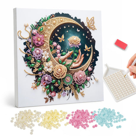 Jeweled Crescent Moon and Floral pearl painting – image 1