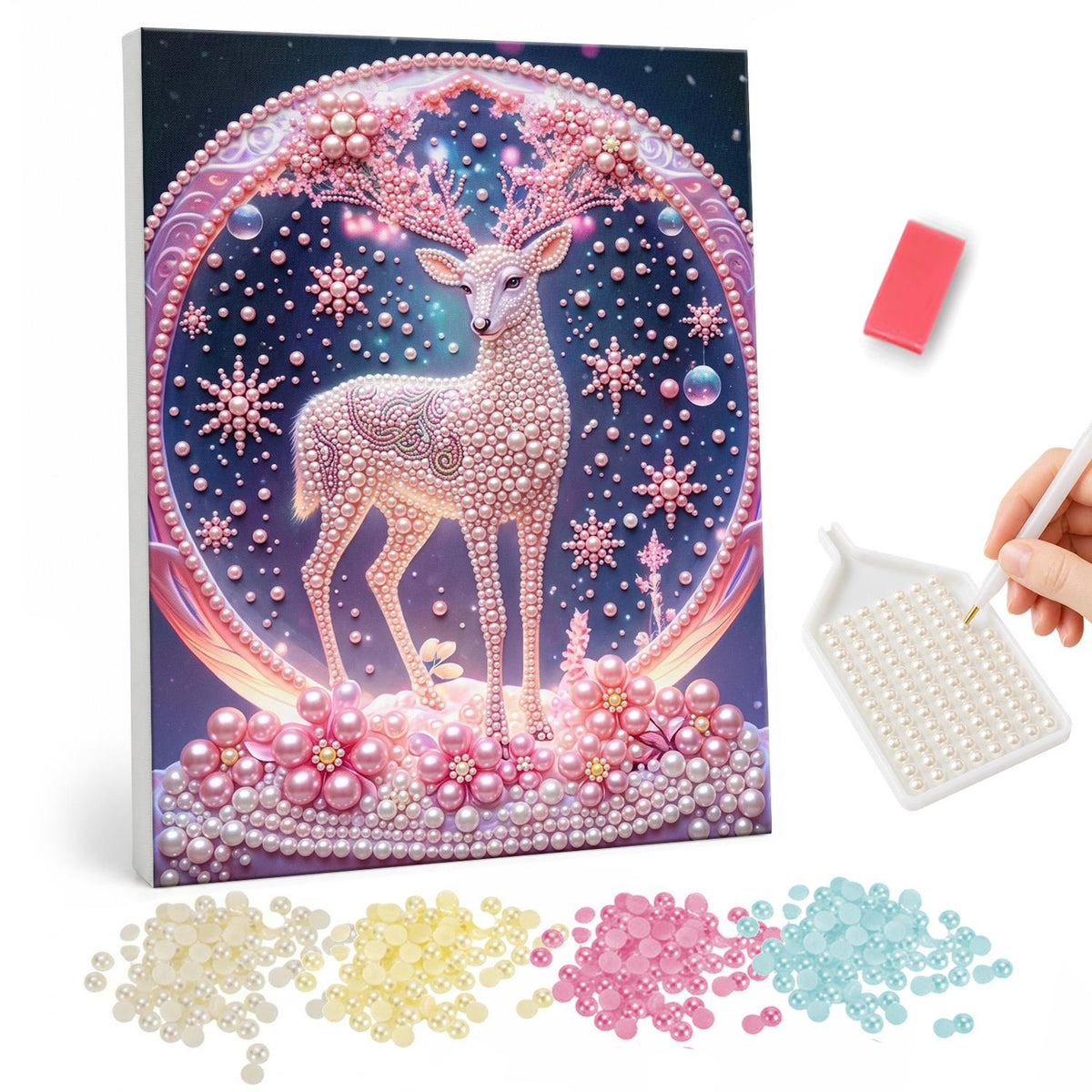 Snowflake Stag in a Pink Globe pearl painting – Pale pink deer with branching antlers inside a beaded circle with snowflakes and pink flowers on purple