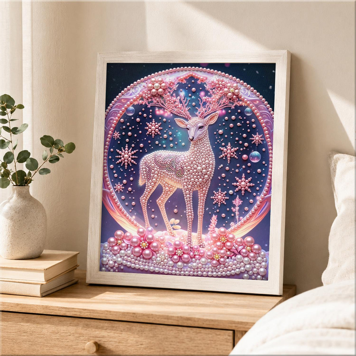 Snowflake Stag in a Pink Globe pearl painting – image 2