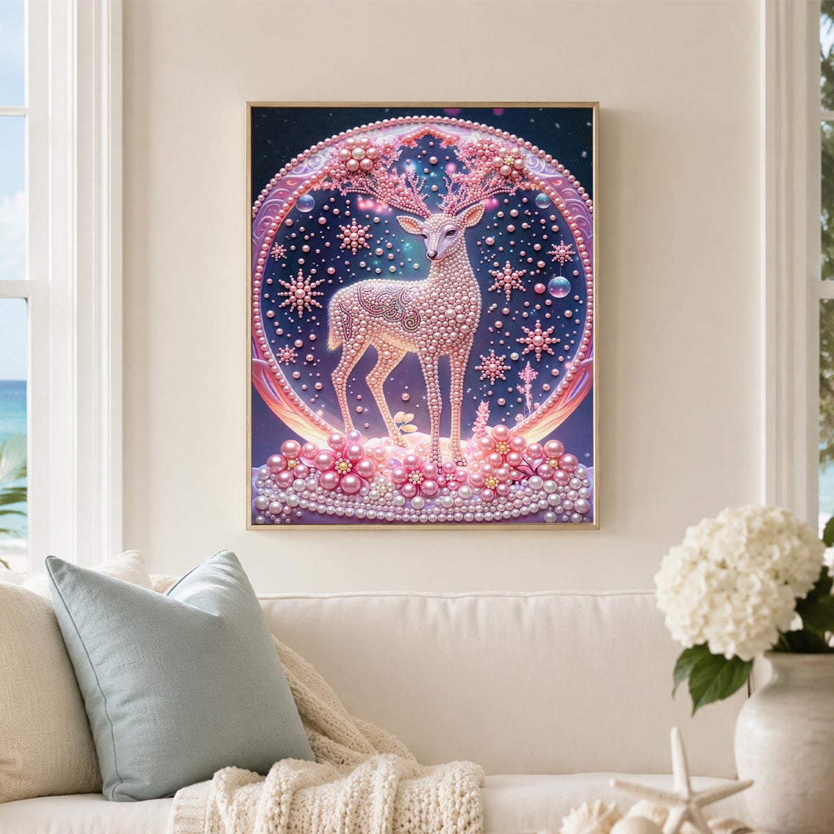 Snowflake Stag in a Pink Globe pearl painting – image 3