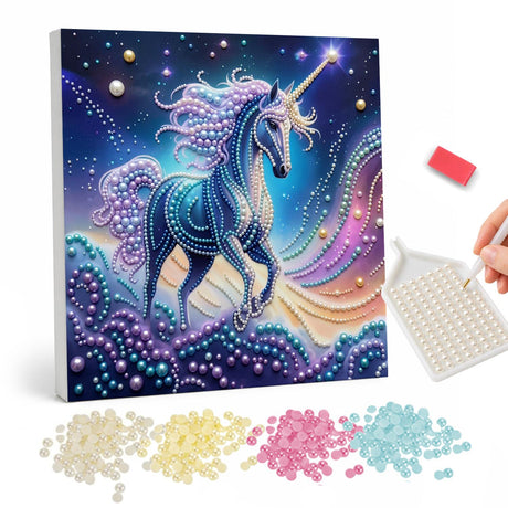 Midnight Blue Unicorn in Stardust pearl painting – Deep blue unicorn with a lilac mane trotting over pastel clouds under a starry purple sky