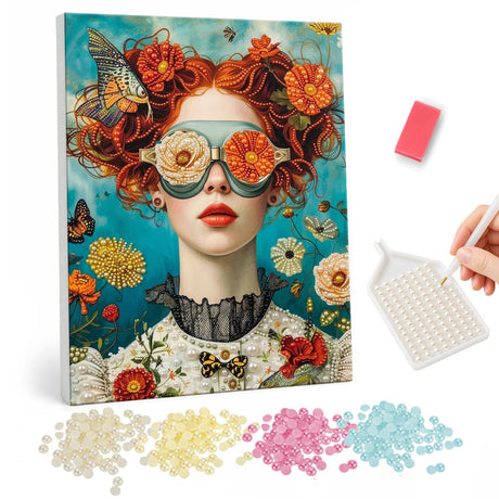 Pearl Painting of a Woman with Floral Sunglasses pearl painting – image 1