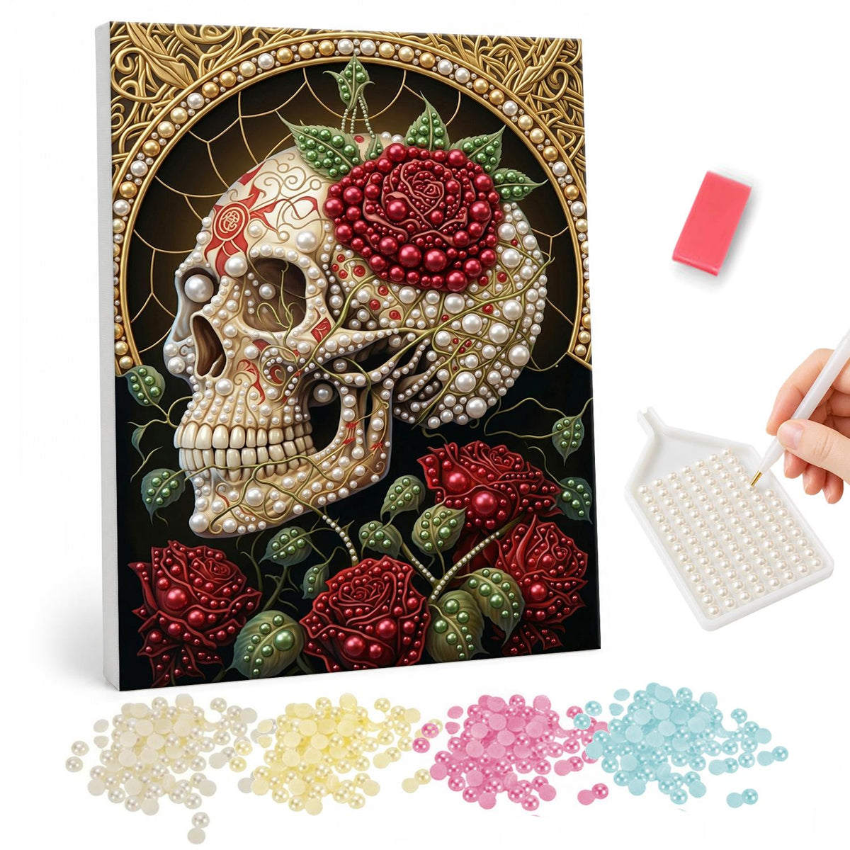 Rose-Crowned Skull with Gold Halo pearl painting – Pale skull in three-quarter view topped with a red rose before a golden lattice halo, red roses below