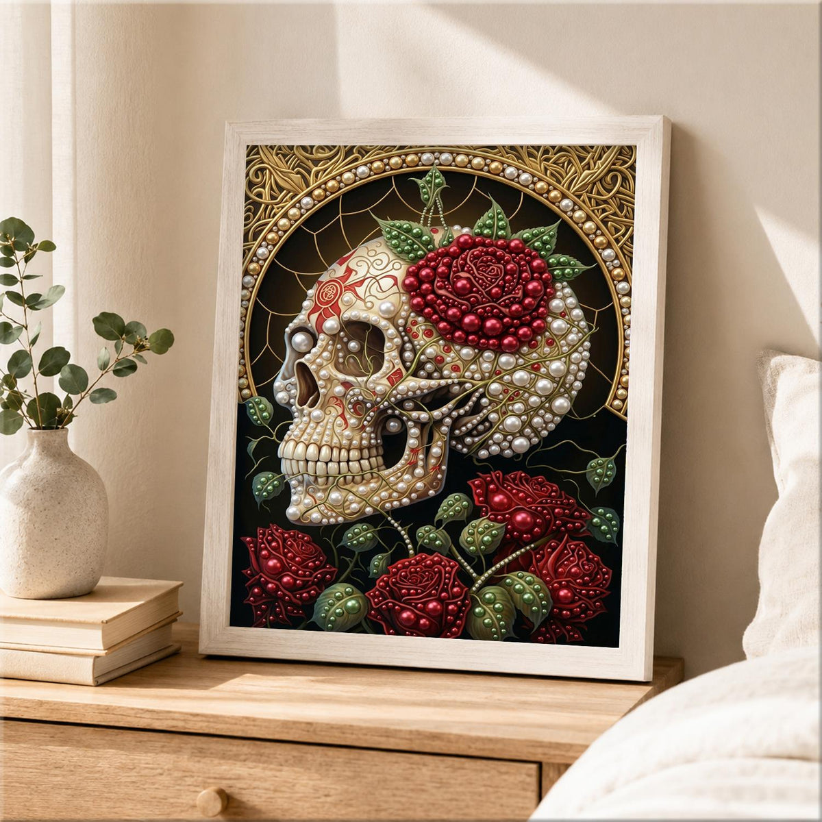 Rose-Crowned Skull with Gold Halo pearl painting – image 2