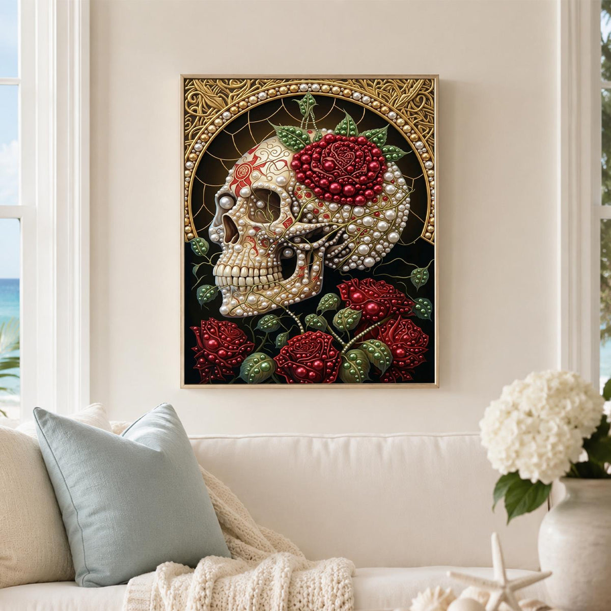 Rose-Crowned Skull with Gold Halo pearl painting – image 3
