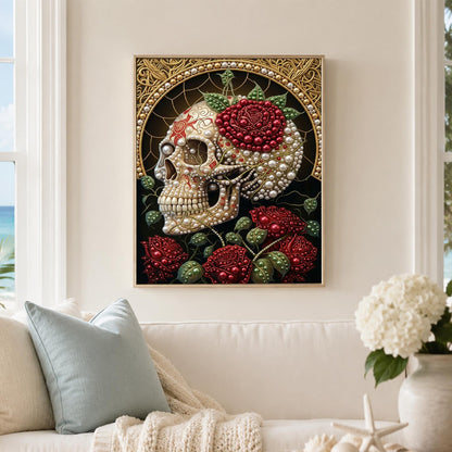 Rose-Crowned Skull with Gold Halo pearl painting – image 3