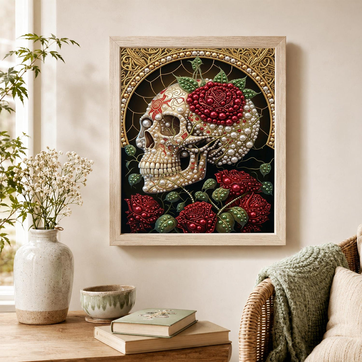 Rose-Crowned Skull with Gold Halo pearl painting – image 4