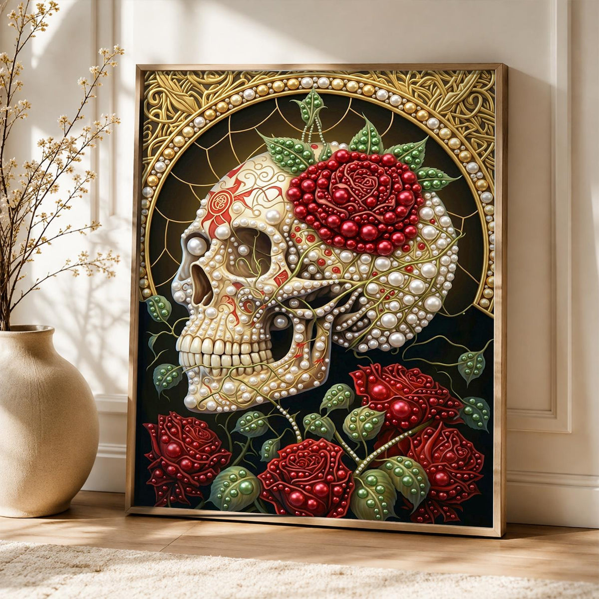 Rose-Crowned Skull with Gold Halo pearl painting – image 5