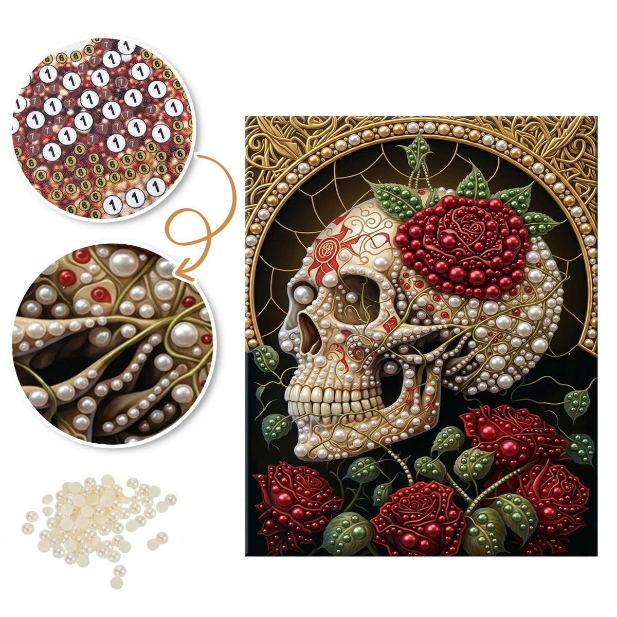Rose-Crowned Skull with Gold Halo pearl painting – image 6