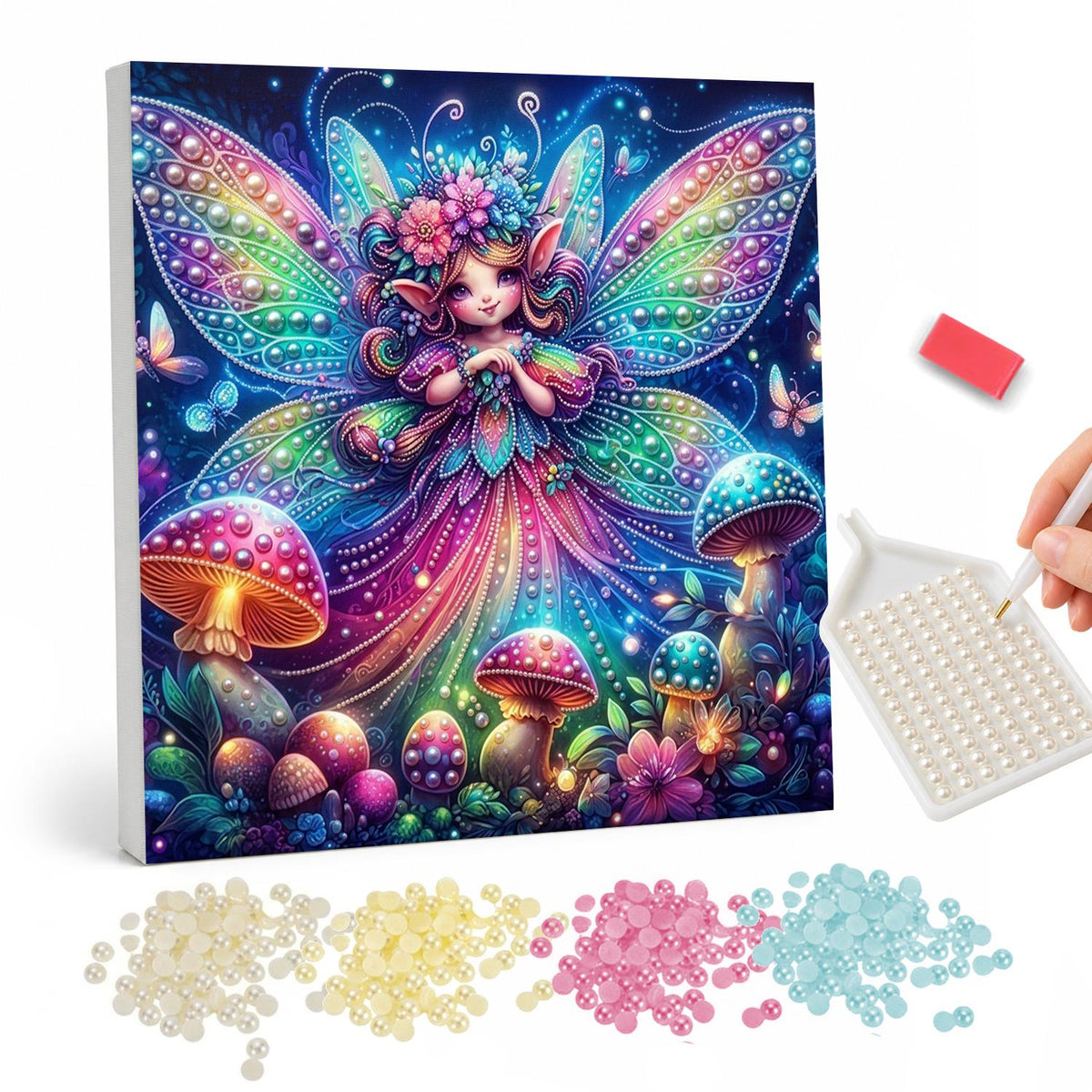 Neon-Winged Toadstool Fairy pearl painting – Smiling fairy with rainbow butterfly wings and a flower crown among glowing red mushrooms at night