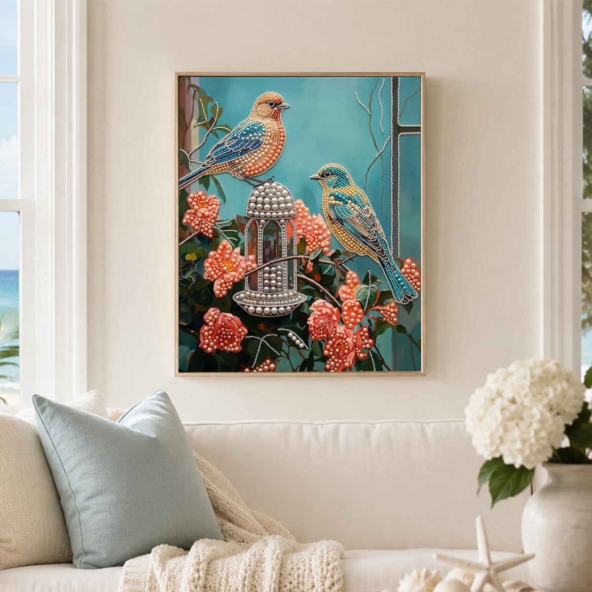 Songbirds at the Rose Feeder pearl painting – image 3