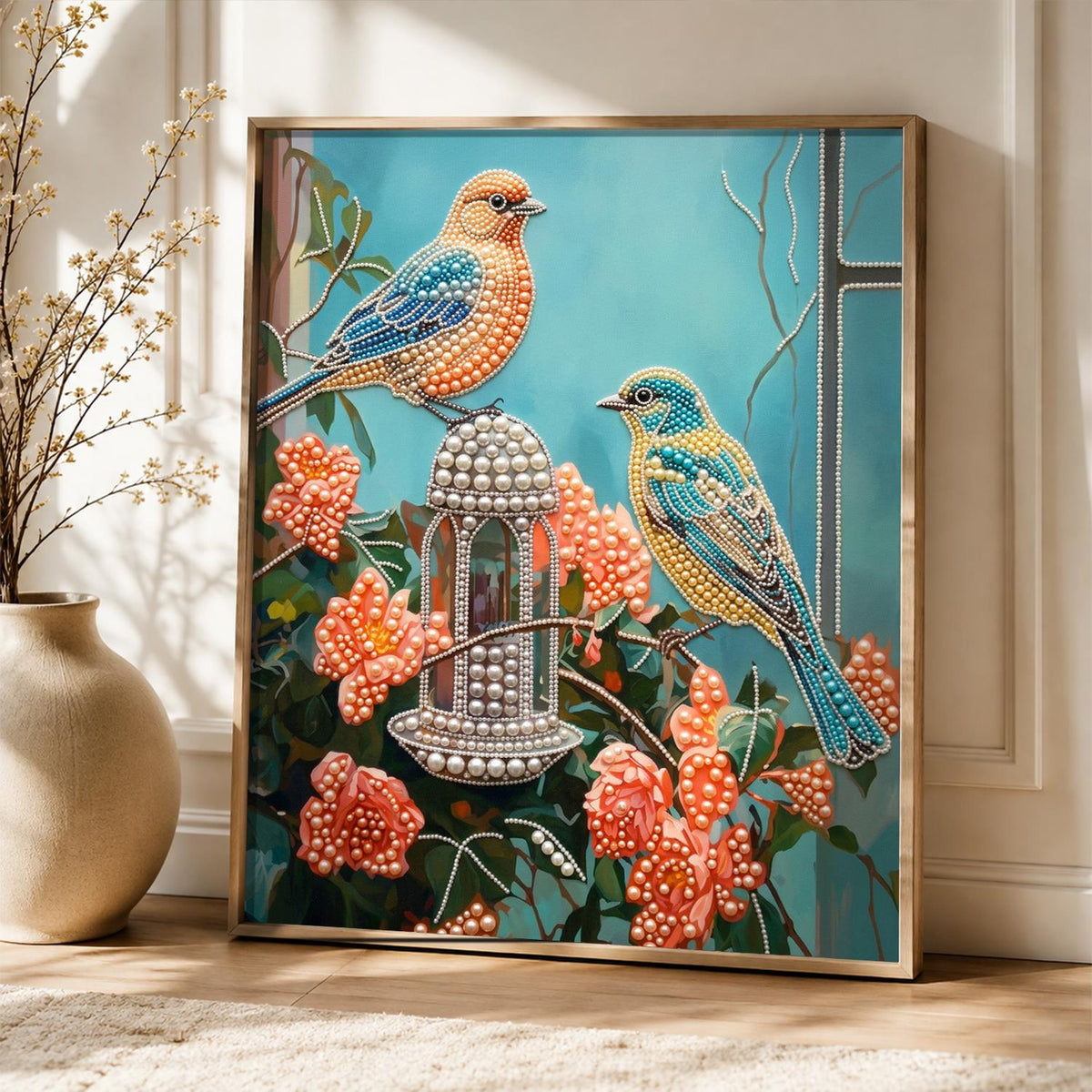 Songbirds at the Rose Feeder pearl painting – image 5