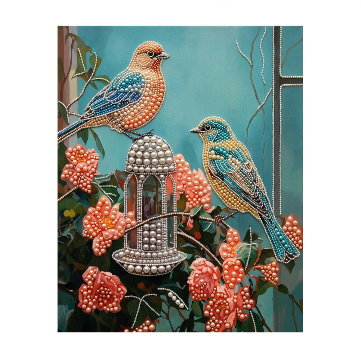Songbirds at the Rose Feeder pearl painting – image 11
