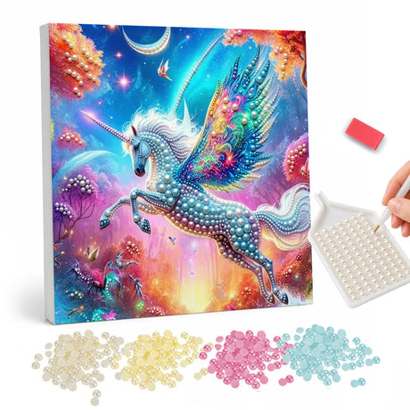 Crescent Moon Winged Unicorn pearl painting – White winged unicorn leaping through a pink and blue fantasy sky with a crescent moon and glowing trees