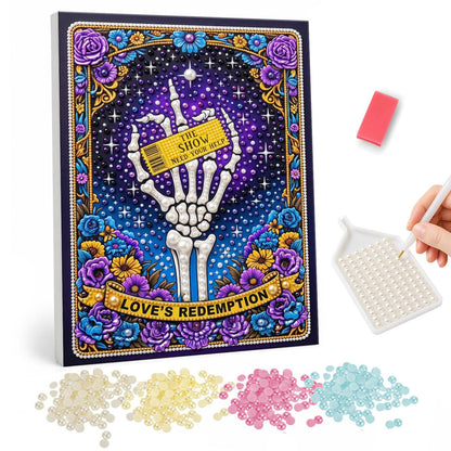 Skeleton Hand Tarot Card pearl painting – Tarot-style card of a skeleton hand holding a golden ticket, framed by purple and yellow flowers on starry purple