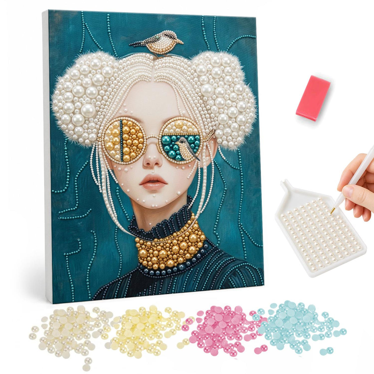 Bird-Crowned Lady in Sunglasses pearl painting – Woman with white puffed hair buns, round gold sunglasses and a small bird on her head against teal