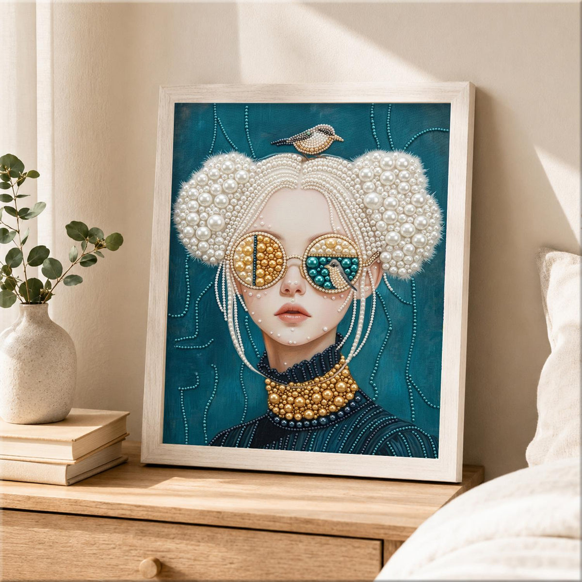 Bird-Crowned Lady in Sunglasses pearl painting – image 2