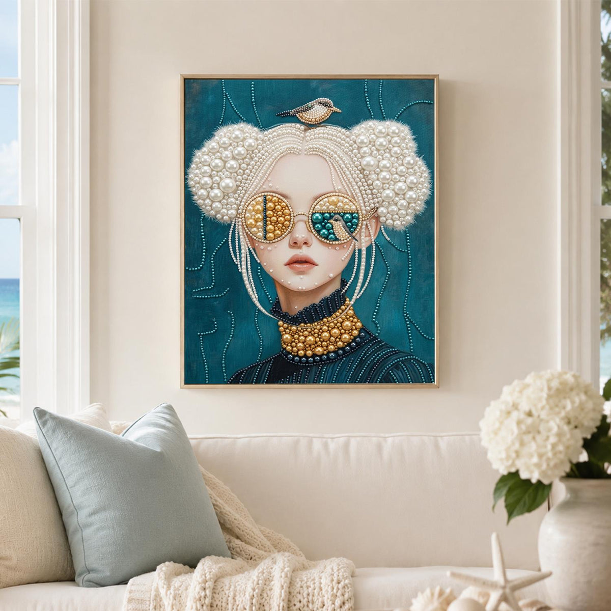 Bird-Crowned Lady in Sunglasses pearl painting – image 3