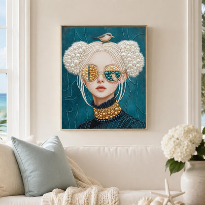 Bird-Crowned Lady in Sunglasses pearl painting – image 3