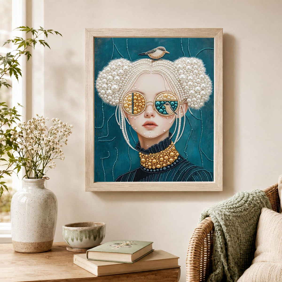 Bird-Crowned Lady in Sunglasses pearl painting – image 4