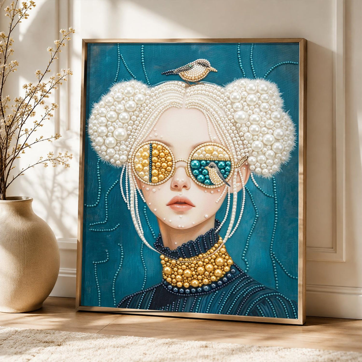 Bird-Crowned Lady in Sunglasses pearl painting – image 5
