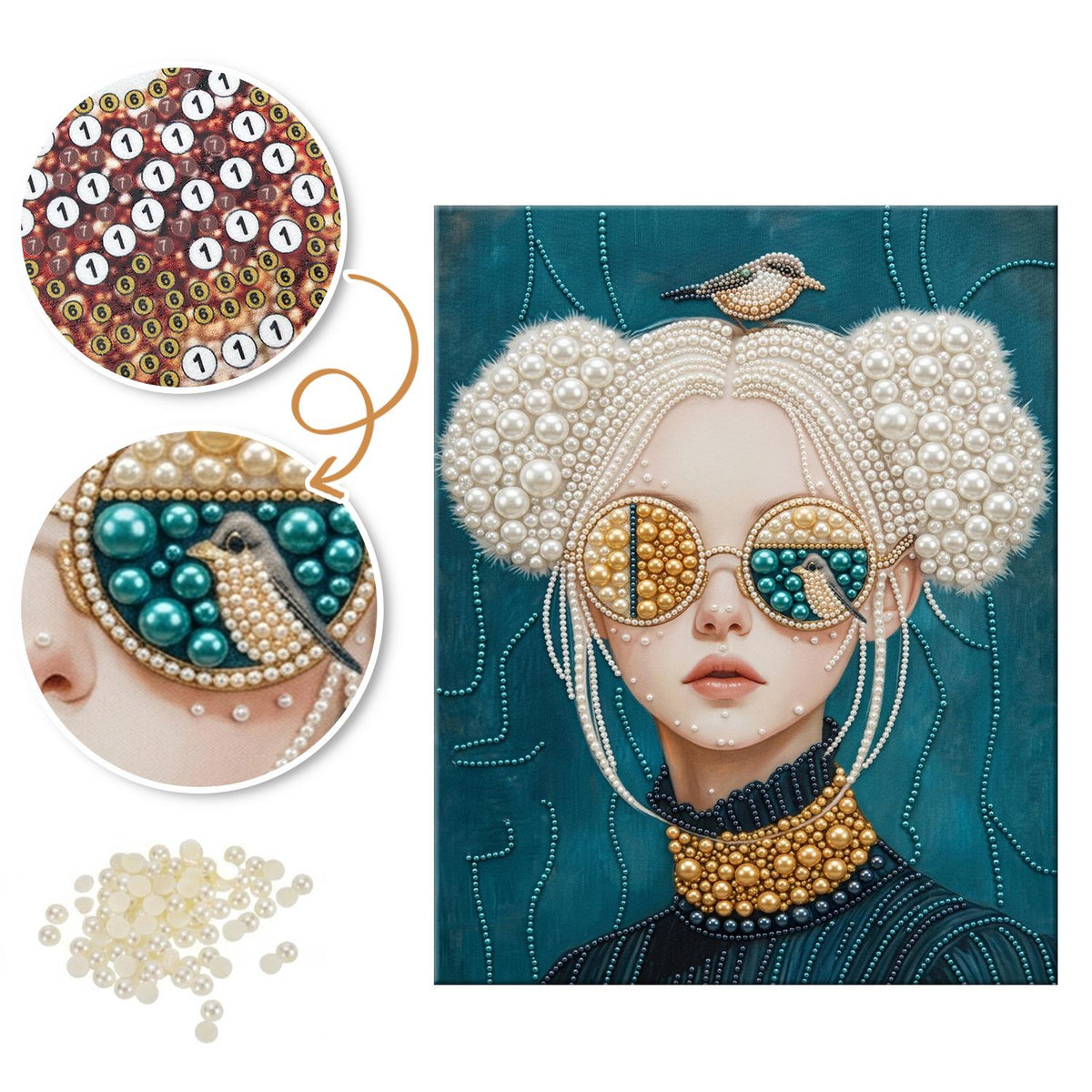 Bird-Crowned Lady in Sunglasses pearl painting – image 6