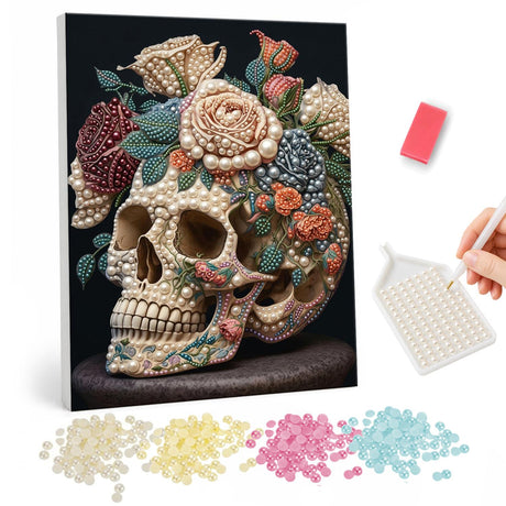 Pearl Painting Skull with Colorful Roses pearl painting – image 1
