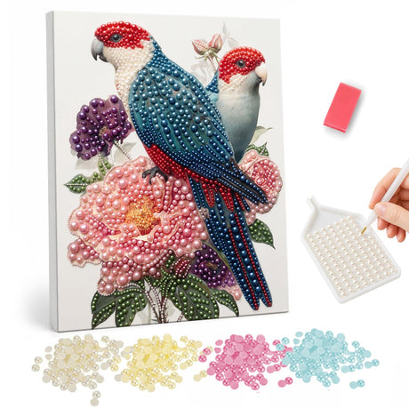 Two Parrots Among Pink Flowers pearl painting – image 1