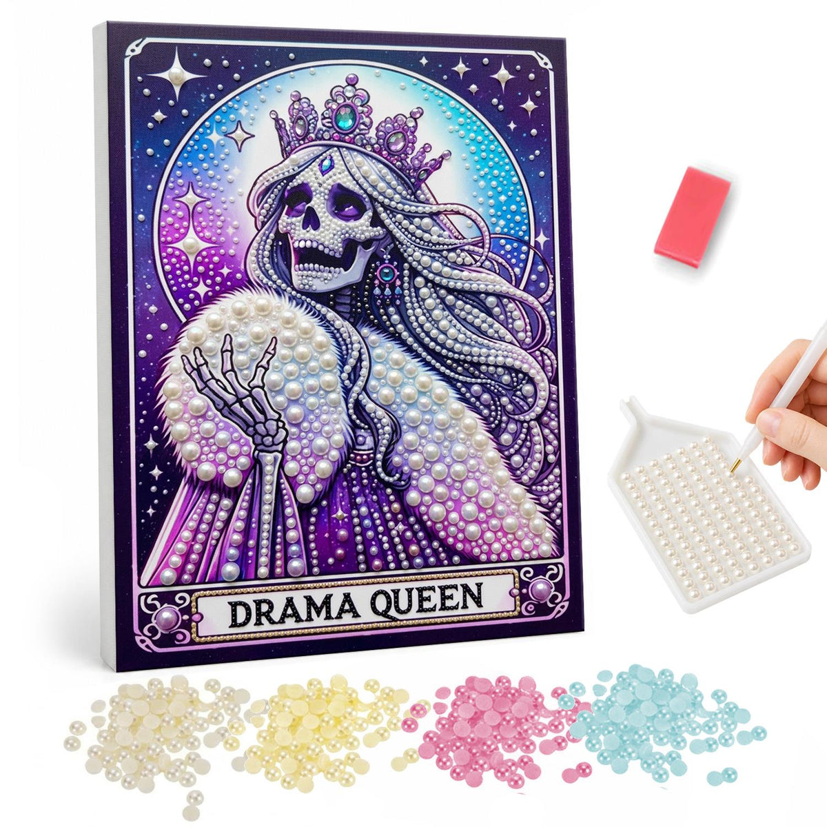 Crowned Skeleton Drama Queen pearl painting – Tarot-style card of a crowned skeleton queen in a white fur cape on purple, with a Drama Queen banner