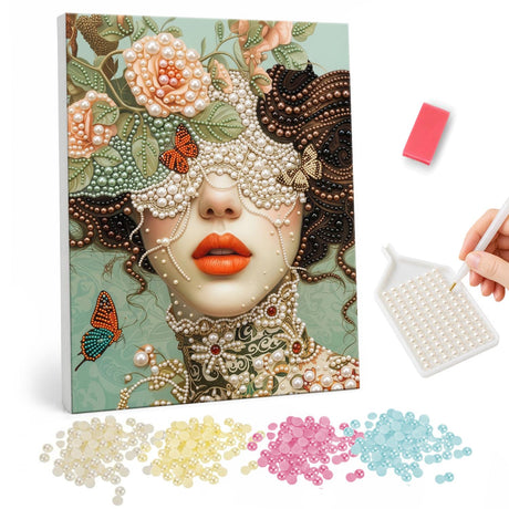 Pearl Painting of a Woman with Floral Headdress pearl painting – image 1