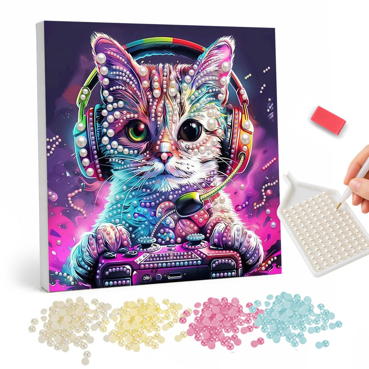 Headset Gamer Kitten pearl painting – Big-eyed kitten wearing a gaming headset with a microphone, paws on a console, in neon pink and blue