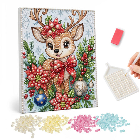 Poinsettia Fawn with a Red Bow pearl painting – Smiling antlered fawn with a red bow surrounded by poinsettias, holly and baubles