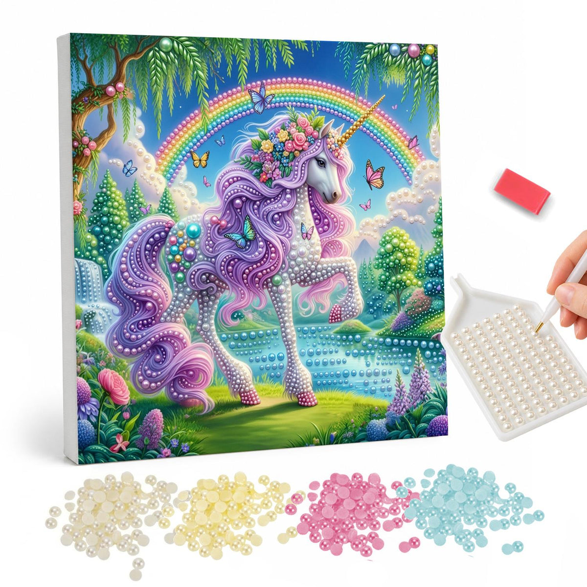 Lilac Unicorn by the Waterfall pearl painting – Lilac unicorn with a flower crown prancing in a green valley with a waterfall, rainbow and butterflies