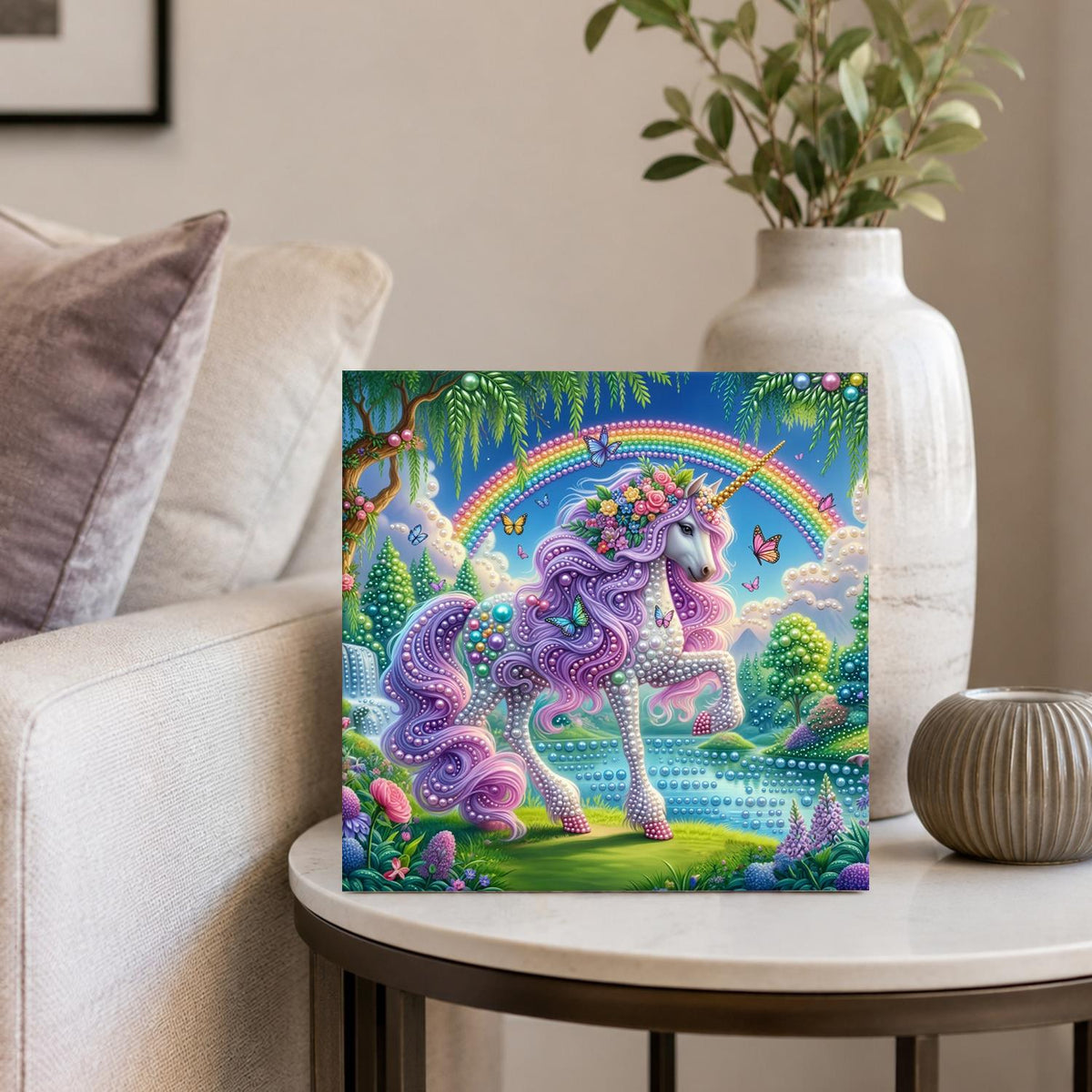 Lilac Unicorn by the Waterfall pearl painting – image 4