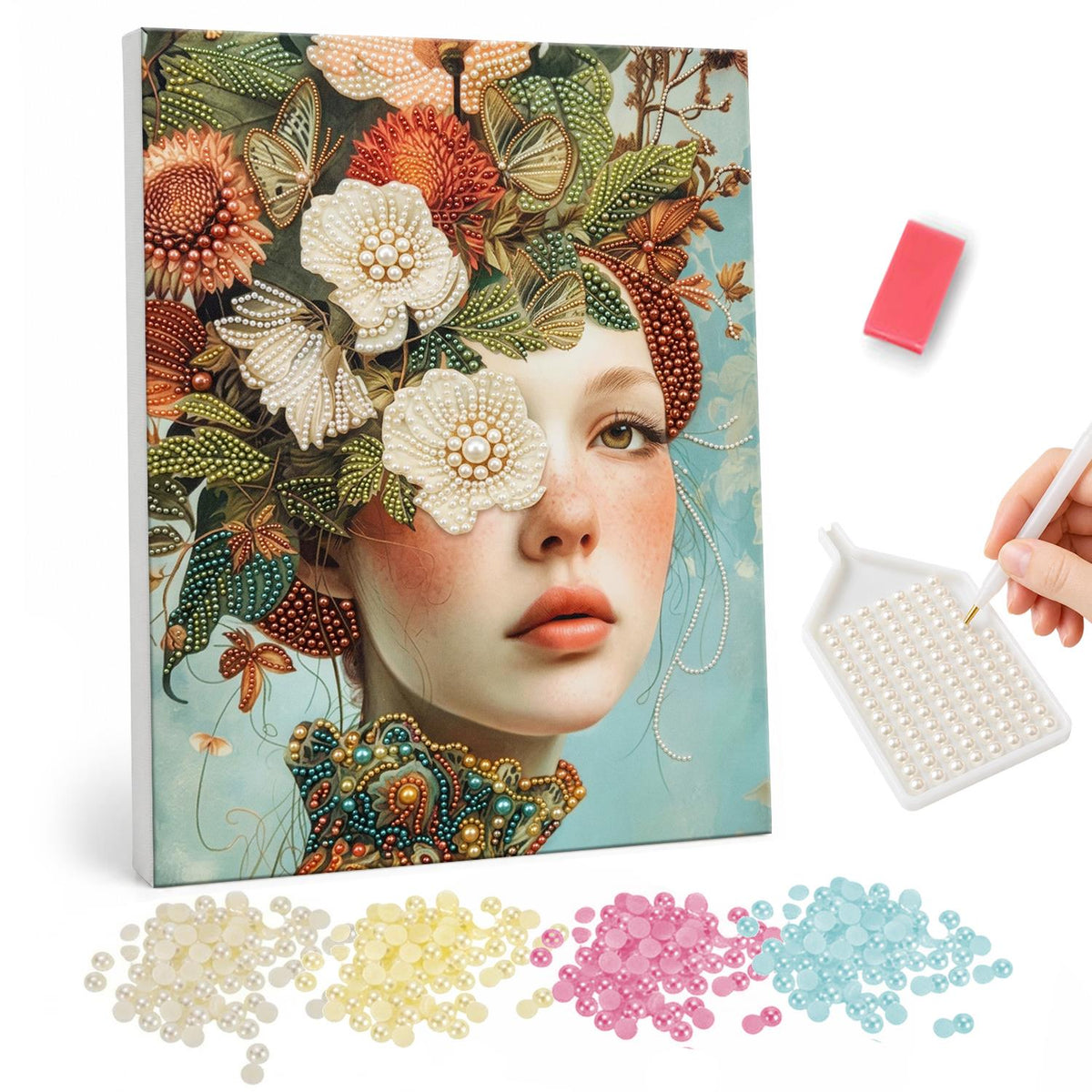 Autumn Bloom Headdress Portrait pearl painting – Young woman with a headdress of ivory and rust flowers and leaves covering one eye, against pale teal