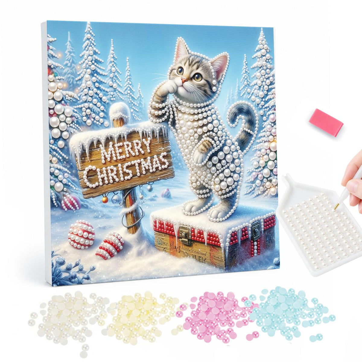 Tabby Kitten at the Wooden Sign pearl painting – Grey tabby kitten standing on a snowy chest beside a Merry Christmas wooden sign in a frosted forest
