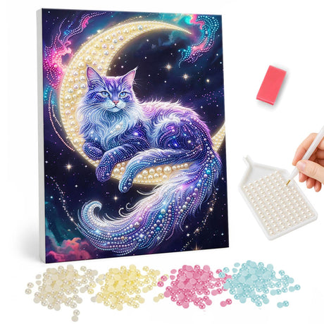 Pearl Painting of a Celestial Cat and Crescent Moon pearl painting – image 1