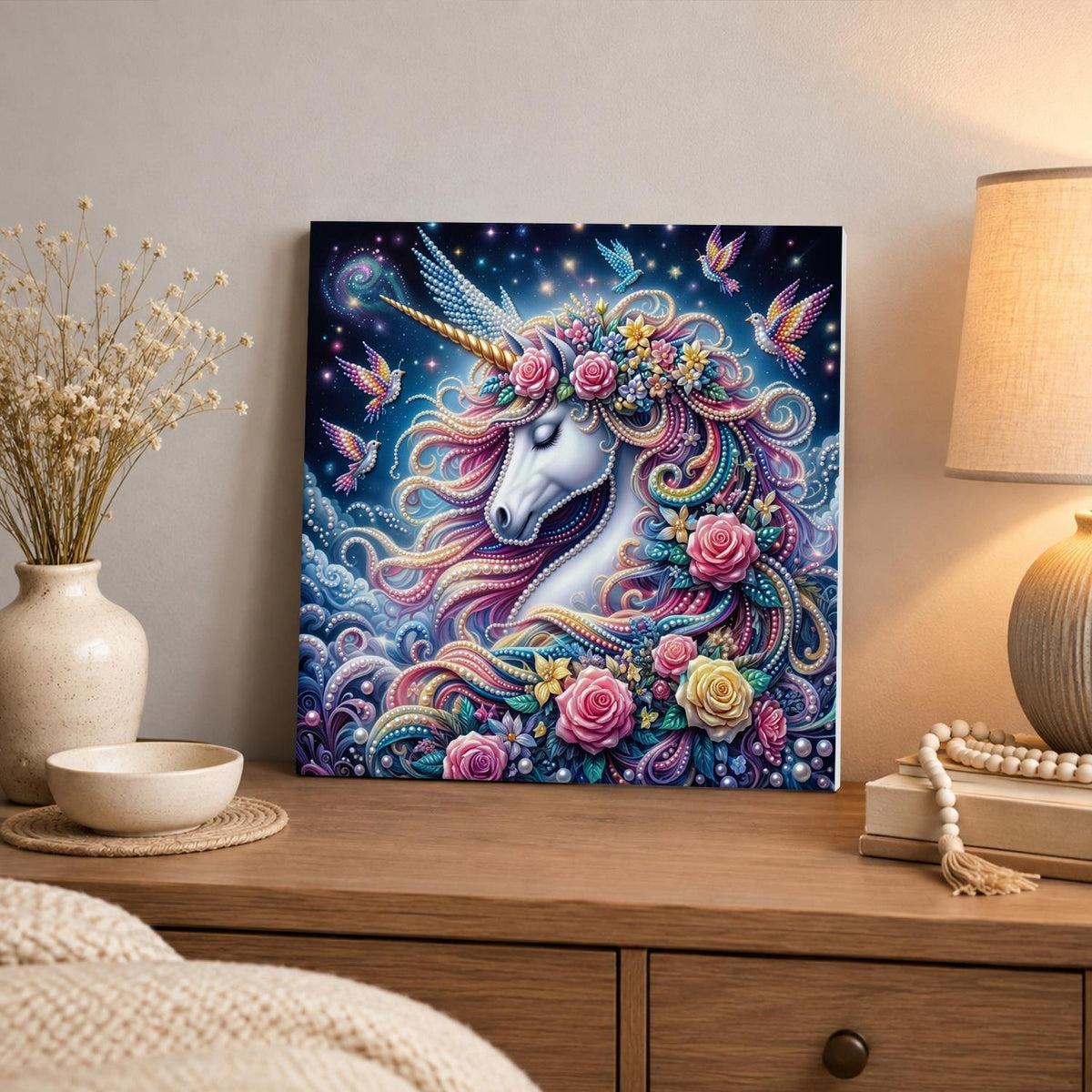 Hummingbird Rose Unicorn pearl painting – image 3