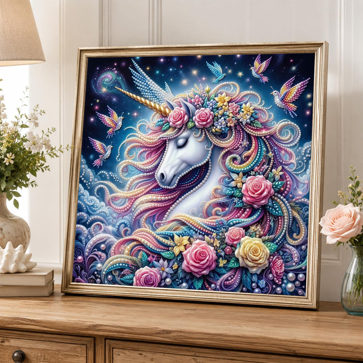 Hummingbird Rose Unicorn pearl painting – image 5