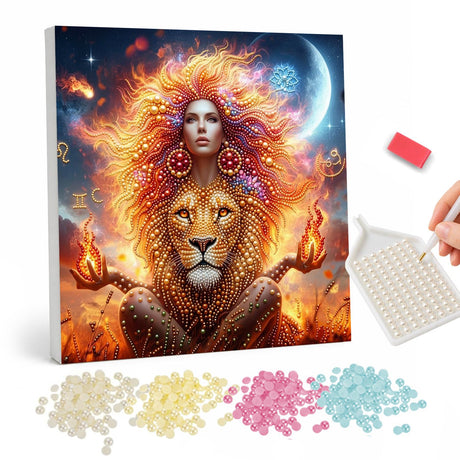Fiery Haired Woman Riding a Jeweled Lion pearl painting – image 1