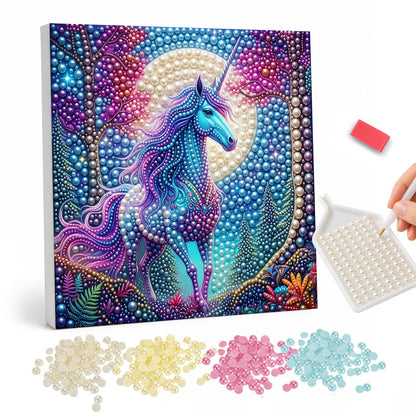 Violet-Maned Unicorn Moonrise pearl painting – Turquoise unicorn with a violet mane before a huge pale full moon, framed by a ring of beads and trees