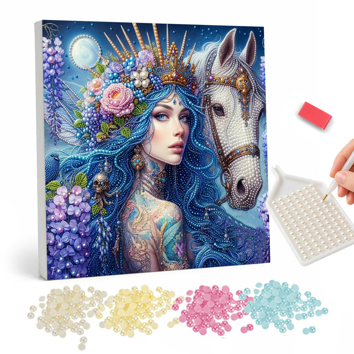 Wisteria Queen and White Steed pearl painting – Crowned woman with long blue hair and flowers beside a white horse, wisteria and a full moon behind