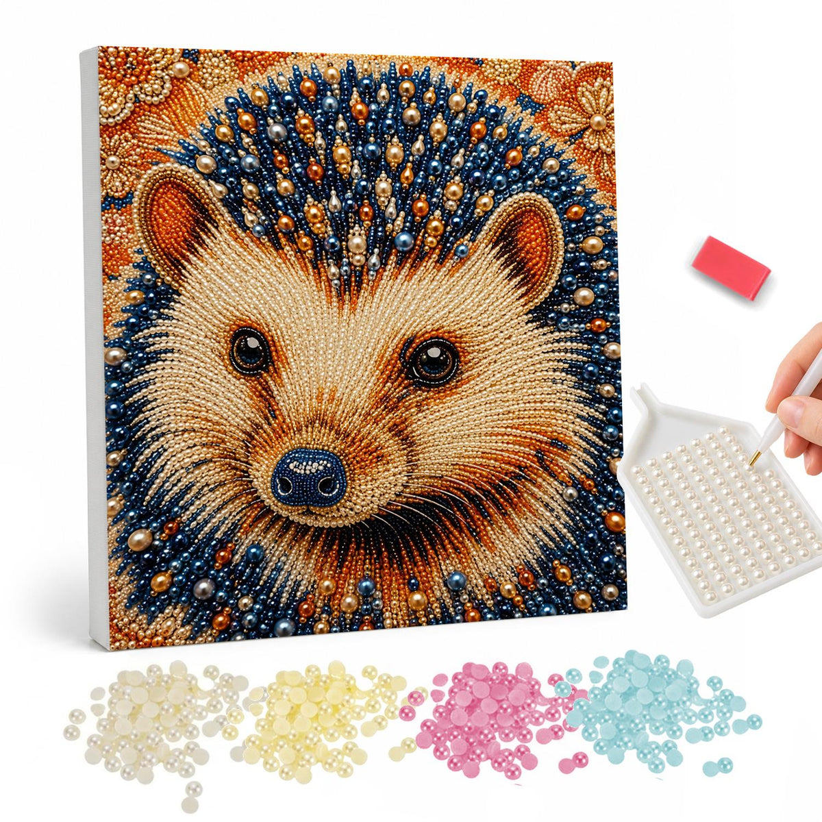 Golden Hedgehog Close-Up pearl painting – Close-up of a hedgehog face with dark spines and a shiny nose against an orange paisley pattern