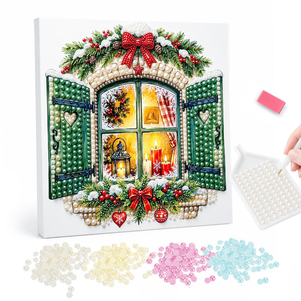 Green-Shuttered Candlelit Window pearl painting – Window with open green shutters and a garland with a red bow, candles and a lantern glowing inside