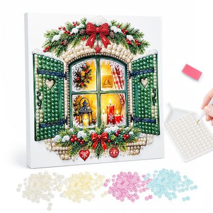 Green-Shuttered Candlelit Window pearl painting – Window with open green shutters and a garland with a red bow, candles and a lantern glowing inside
