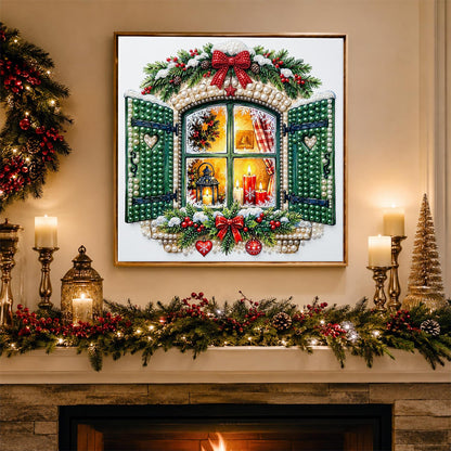 Green-Shuttered Candlelit Window pearl painting – image 3